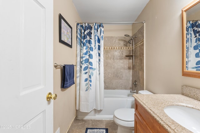 full bathroom with shower / tub combo with curtain, vanity, toilet, and tile patterned floors