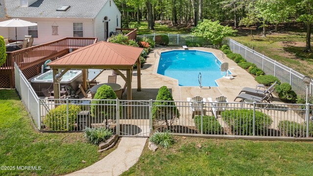 view of swimming pool with a gazebo, a patio, and a diving board