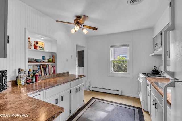 kitchen with a baseboard heating unit, under cabinet range hood, white appliances, electric panel, and ceiling fan