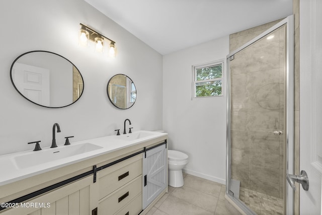 bathroom with toilet, a shower stall, tile patterned flooring, double vanity, and baseboards