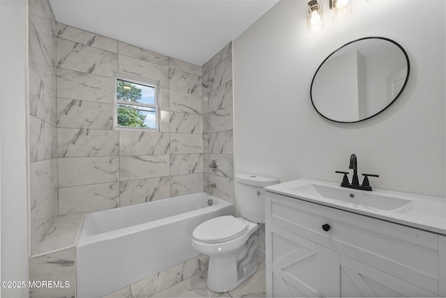 bathroom with marble finish flooring, toilet, vanity, and washtub / shower combination