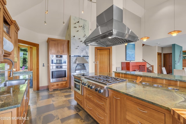 154 Ocean Blvd, Atlantic Highlands, NJ 07716 - kitchen with island exhaust hood, a sink, high vaulted ceiling, appliances with stainless steel finishes, and brown cabinetry