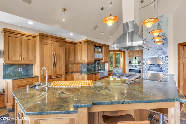 154 Ocean Blvd, Atlantic Highlands, NJ 07716 - kitchen featuring a spacious island, stainless steel appliances, a sink, a high ceiling, and tasteful backsplash