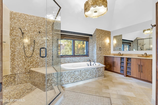 154 Ocean Blvd, Atlantic Highlands, NJ 07716 - bathroom with a shower stall, a bath, double vanity, and tile patterned flooring