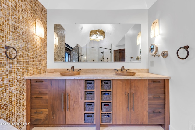 154 Ocean Blvd, Atlantic Highlands, NJ 07716 - bathroom featuring vaulted ceiling, double vanity, and a shower stall