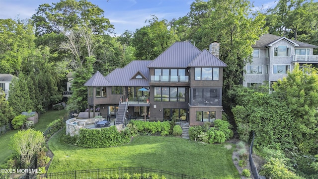 154 Ocean Blvd, Atlantic Highlands, NJ 07716 - back of house with a chimney, stairs, a patio area, a balcony, and a standing seam roof