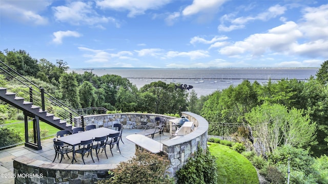 154 Ocean Blvd, Atlantic Highlands, NJ 07716 - view of patio / terrace featuring stairs, outdoor dining space, and a water view