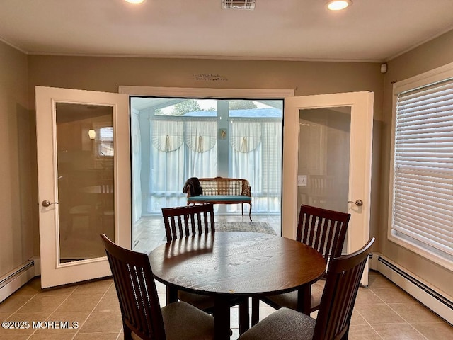 1 Lagos Ct, Toms River, NJ 08757 - dining space with a baseboard radiator, light tile patterned floors, crown molding, and recessed lighting