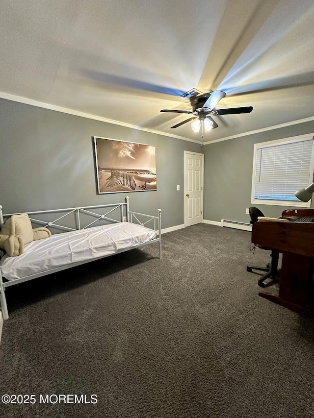 1 Lagos Ct, Toms River, NJ 08757 - carpeted bedroom featuring a baseboard radiator, ornamental molding, a desk, and ceiling fan