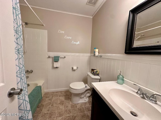 1 Lagos Ct, Toms River, NJ 08757 - full bath featuring ornamental molding, shower / bathtub combination with curtain, vanity, and wainscoting