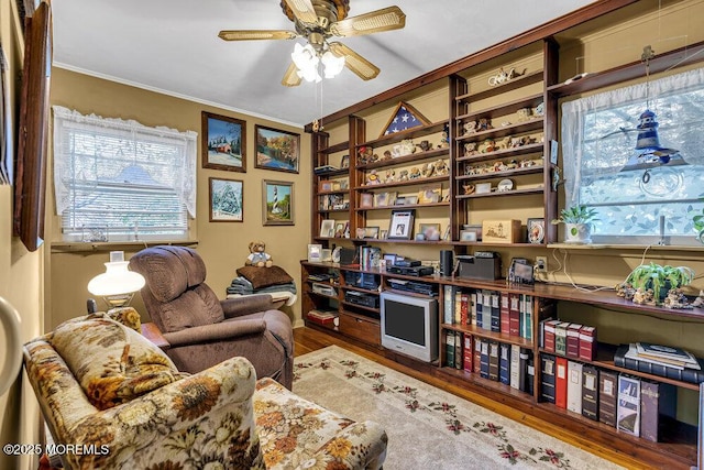 1601 Chestnut Ave, Ocean Twp, NJ 07712 - living area with ceiling fan, wood finished floors, and crown molding