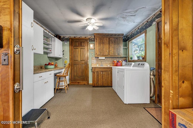 1601 Chestnut Ave, Ocean Twp, NJ 07712 - laundry area featuring cabinet space, washer and clothes dryer, ceiling fan, and carpet flooring