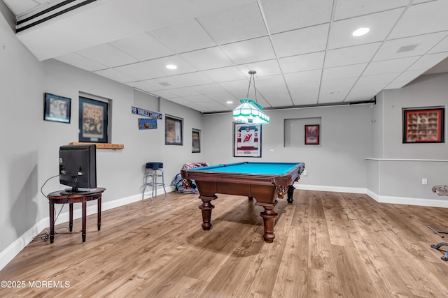 playroom with billiards table, hardwood / wood-style floors, baseboards, and recessed lighting