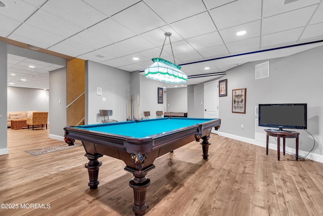 game room featuring baseboards, wood finished floors, a drop ceiling, recessed lighting, and billiards table