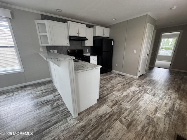 kitchen with black appliances, ornamental molding, open shelves, white cabinetry, and under cabinet range hood