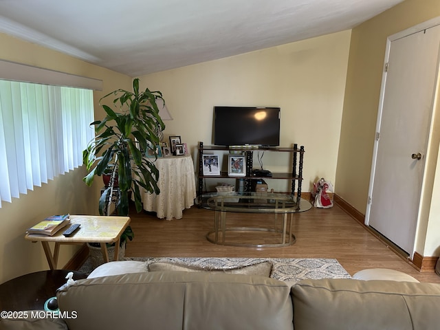 living area featuring wood finished floors and baseboards