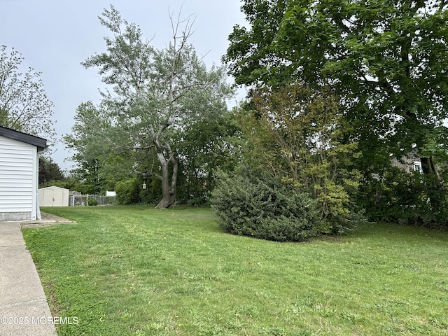 view of green lawn featuring a storage unit and an outdoor structure