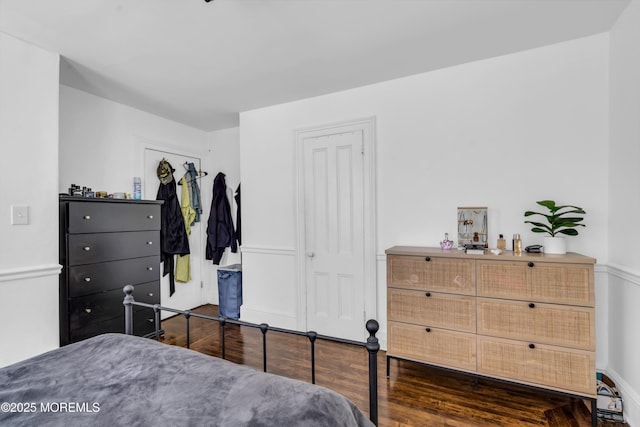 bedroom with wood finished floors and a closet