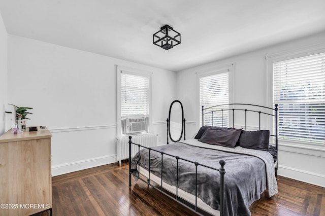 bedroom featuring radiator, wood finished floors, multiple windows, and baseboards