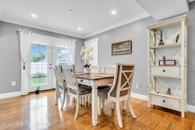 1012 Bismarck St, Toms River, NJ 08757 - dining area with crown molding, baseboards, light wood-type flooring, recessed lighting, and french doors