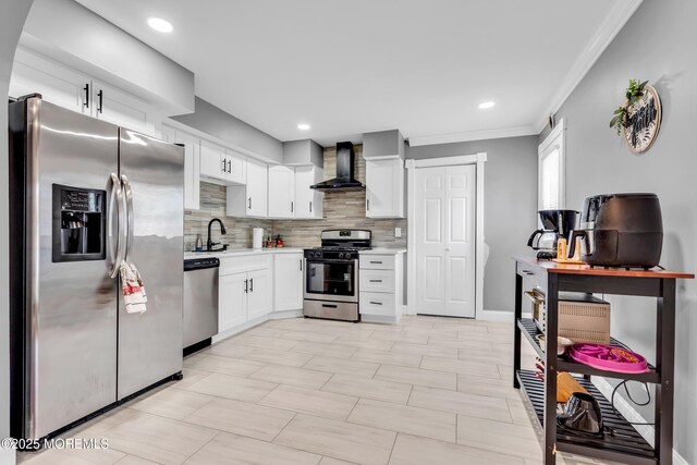 1012 Bismarck St, Toms River, NJ 08757 - kitchen with stainless steel appliances, wall chimney range hood, light countertops, crown molding, and backsplash