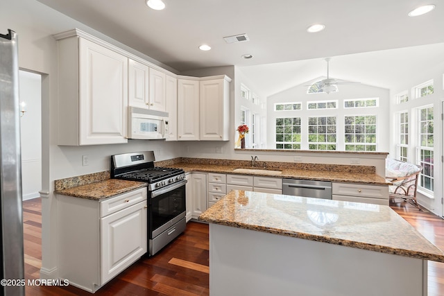 55 Freedom Hills Dr, Barnegat, NJ 08005 - kitchen featuring appliances with stainless steel finishes, ceiling fan, dark wood-style flooring, plenty of natural light, and vaulted ceiling