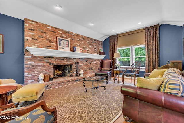 7 Seagull Ln, Lincroft, NJ 07738 - living room with vaulted ceiling, a fireplace, and recessed lighting