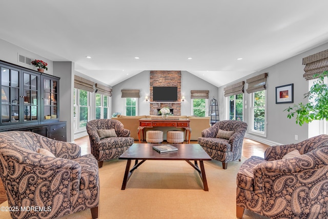 7 Seagull Ln, Lincroft, NJ 07738 - living room featuring vaulted ceiling, a fireplace, light wood-type flooring, and recessed lighting