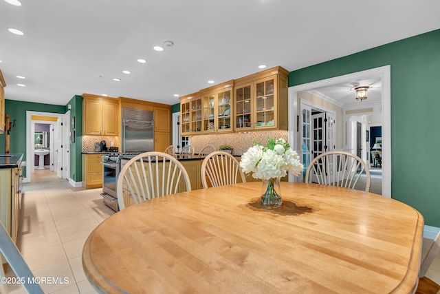 7 Seagull Ln, Lincroft, NJ 07738 - dining space featuring light tile patterned floors, recessed lighting, baseboards, and french doors