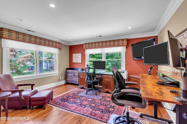 7 Seagull Ln, Lincroft, NJ 07738 - office area featuring ornamental molding, healthy amount of natural light, light wood-style flooring, baseboards, and recessed lighting