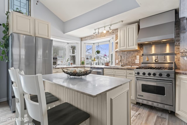 kitchen with appliances with stainless steel finishes, wall chimney exhaust hood, a sink, light wood-style flooring, and backsplash
