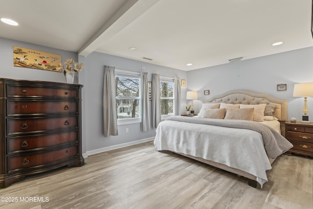 bedroom featuring light wood-type flooring, baseboards, recessed lighting, and beamed ceiling