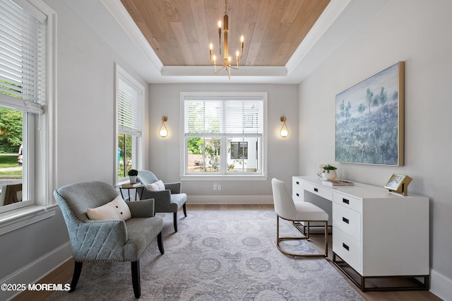 2113 River Rd, Point Pleasant, NJ 08742 - office with wooden ceiling, a chandelier, a tray ceiling, wood finished floors, and baseboards