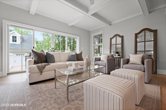 2113 River Rd, Point Pleasant, NJ 08742 - living room featuring beamed ceiling, wood finished floors, coffered ceiling, baseboards, and crown molding