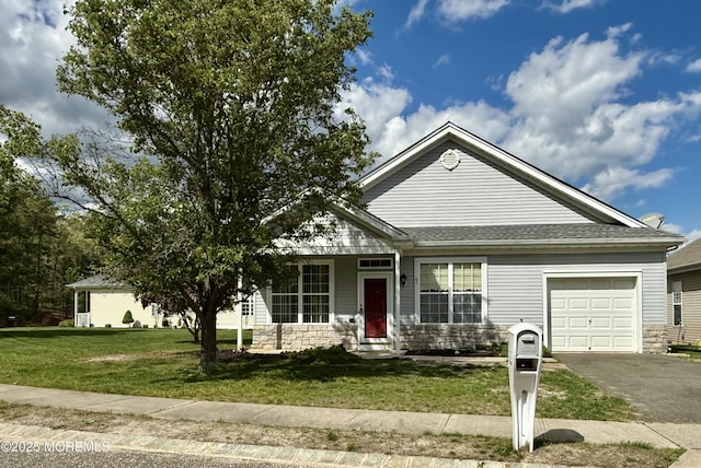 43 Osprey Pl, Barnegat, NJ 08005 - ranch-style house featuring a garage, a front lawn, stone siding, driveway, and a shingled roof