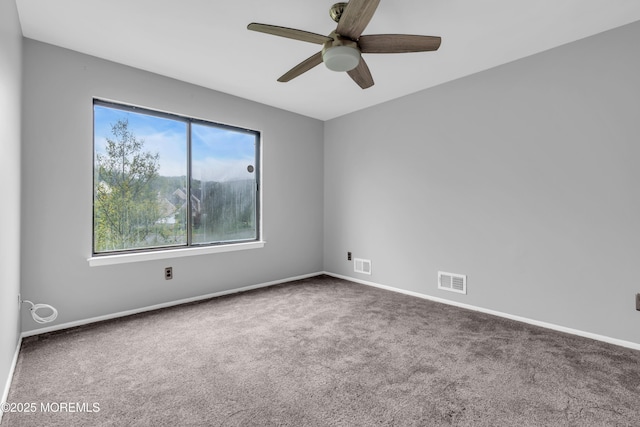 carpeted spare room with ceiling fan, healthy amount of natural light, and baseboards