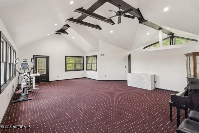 interior space with carpet flooring, a ceiling fan, high vaulted ceiling, recessed lighting, and baseboards