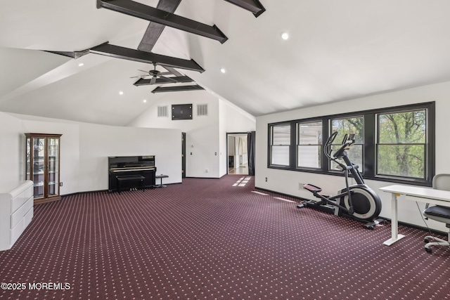 exercise room with carpet flooring, recessed lighting, a ceiling fan, and high vaulted ceiling
