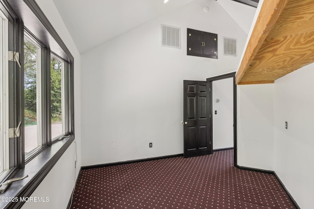 additional living space with carpet, baseboards, and high vaulted ceiling