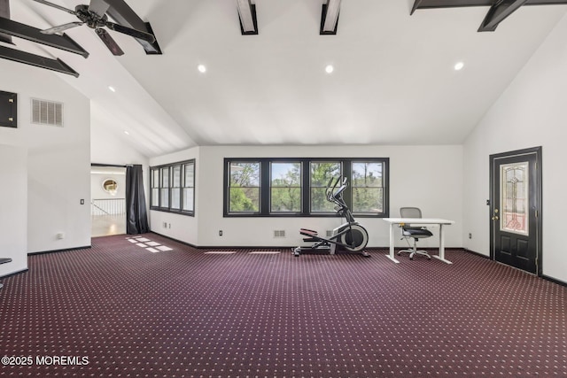 workout area featuring carpet, recessed lighting, high vaulted ceiling, and baseboards