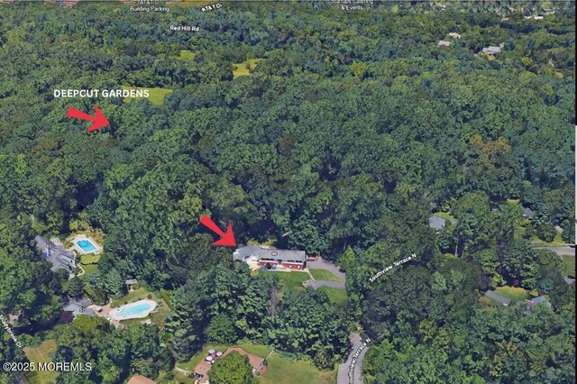 aerial view of property's location featuring a forest