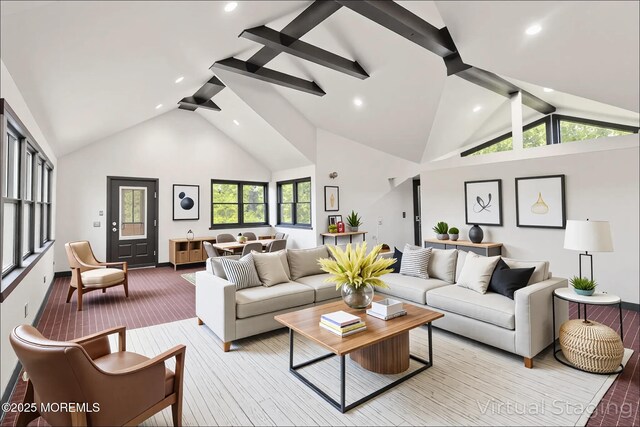 living room with light colored carpet, recessed lighting, healthy amount of natural light, high vaulted ceiling, and baseboards