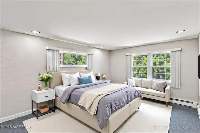 bedroom featuring multiple windows, a baseboard radiator, recessed lighting, baseboards, and carpet