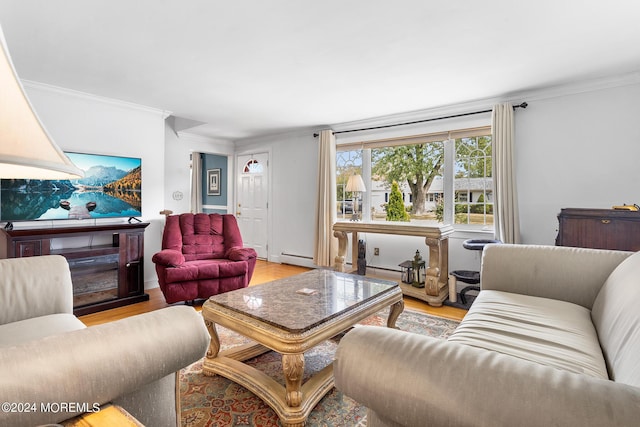 living area featuring light wood finished floors and ornamental molding
