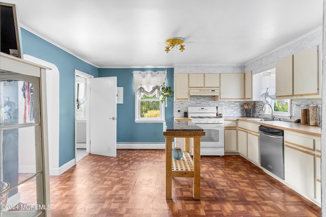 kitchen featuring stainless steel dishwasher, white gas stove, a sink, cream cabinetry, and under cabinet range hood
