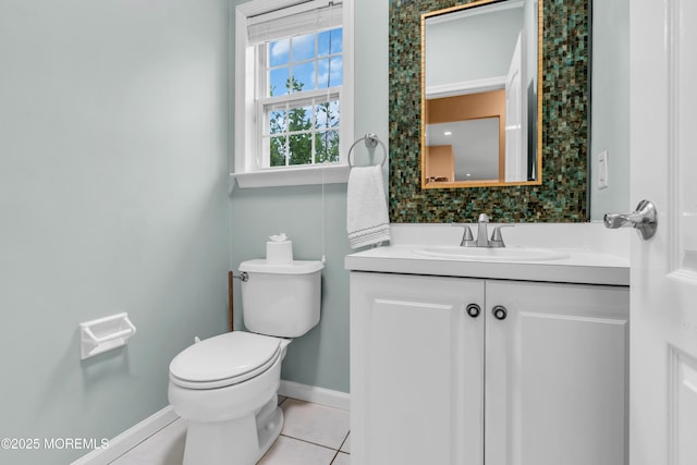 352 Meadowood Rd, Jackson, NJ 08527 - half bath featuring toilet, tile patterned flooring, vanity, baseboards, and decorative backsplash