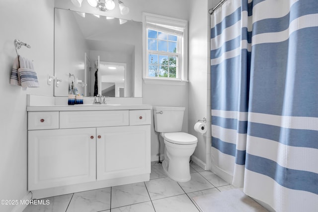 352 Meadowood Rd, Jackson, NJ 08527 - full bathroom featuring marble look tile flooring, toilet, vanity, baseboards, and a shower with shower curtain