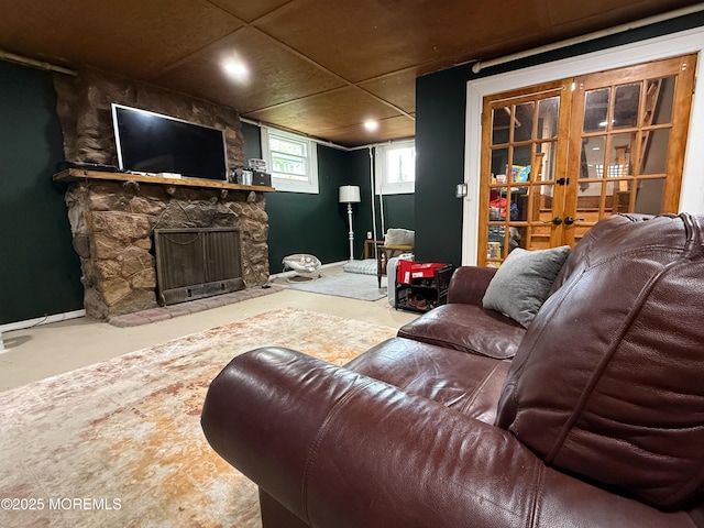 7 Dock St, Toms River, NJ 08753 - living room with a stone fireplace, concrete flooring, and recessed lighting