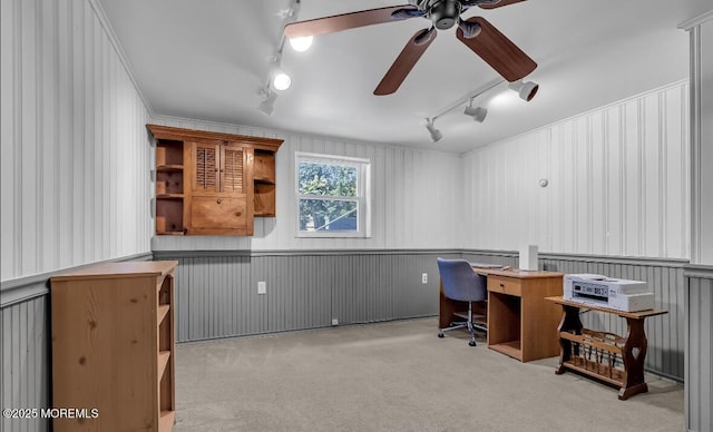 221 Harrison Ave, Oakhurst, NJ 07755 - home office with track lighting, carpet flooring, ceiling fan, and a wainscoted wall