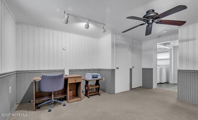 221 Harrison Ave, Oakhurst, NJ 07755 - office area featuring washer / clothes dryer, ceiling fan, carpet, and wainscoting